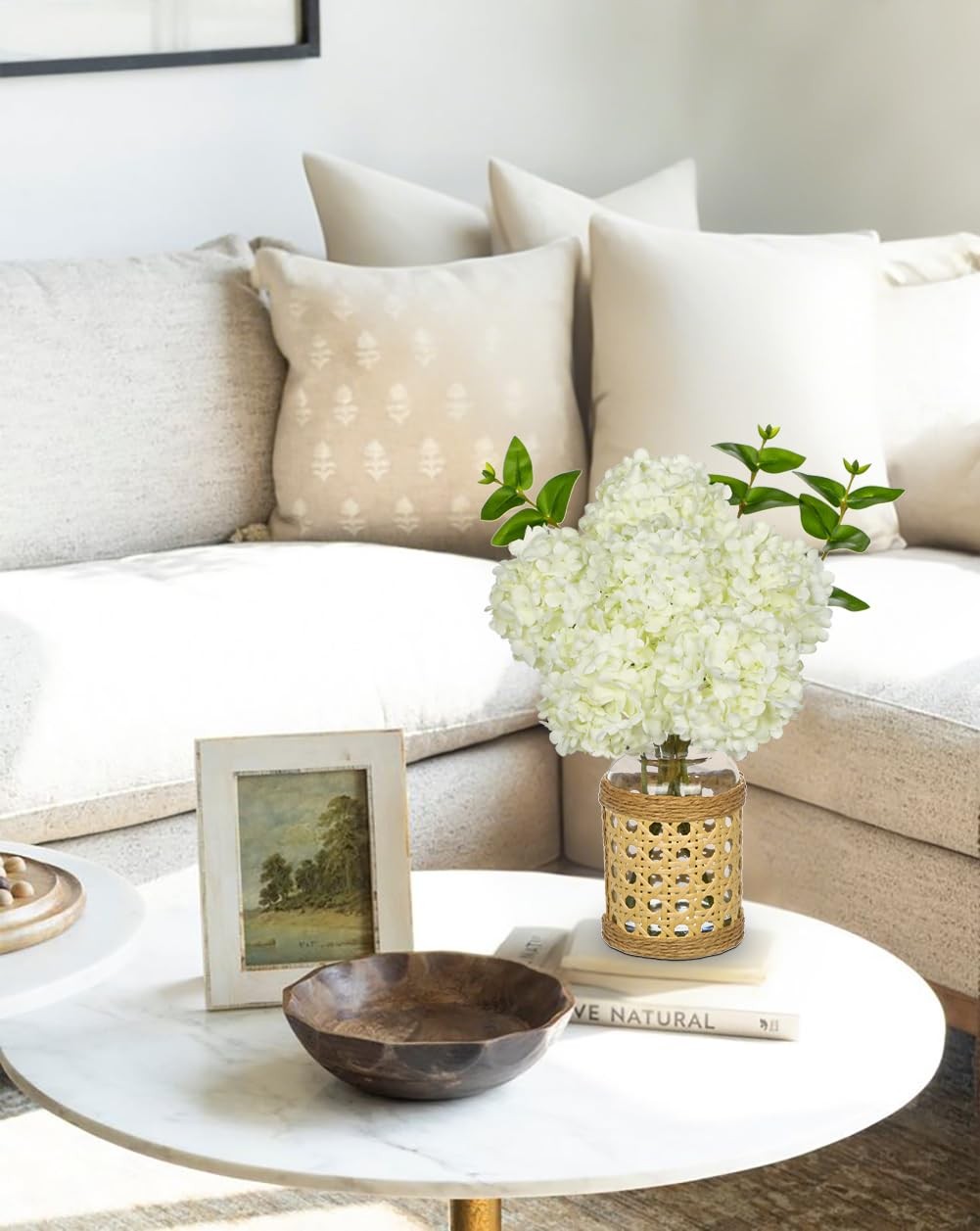 White Hydrangea Artificial Flowers in Woven Glass Vase with Faux Water Silk H…