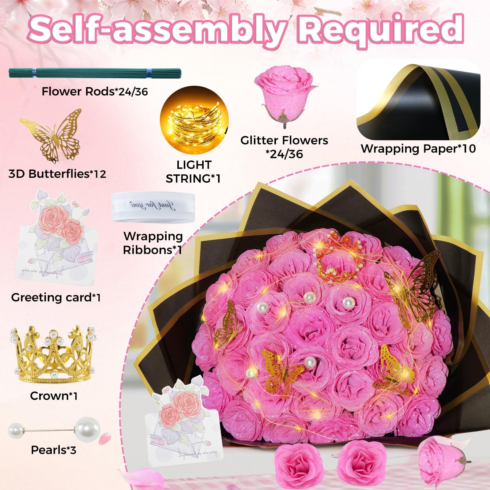 24 PCS Pink Glitter Roses Bouquet Shiny Artificial Flowers Anniversary DIY