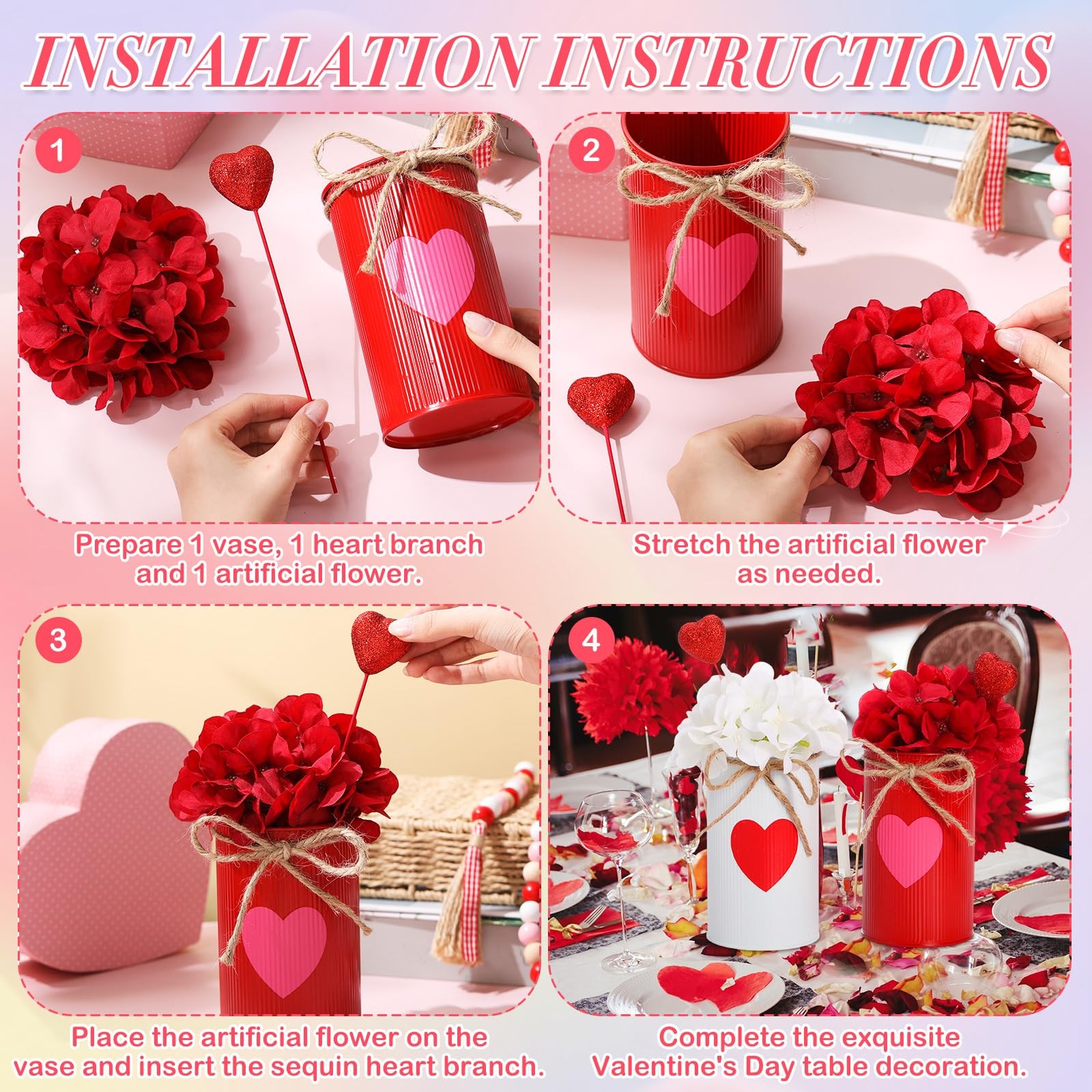 3 PCS Valentine’s Day Centerpiece Artificial Flower Red Heart Glitter Vases