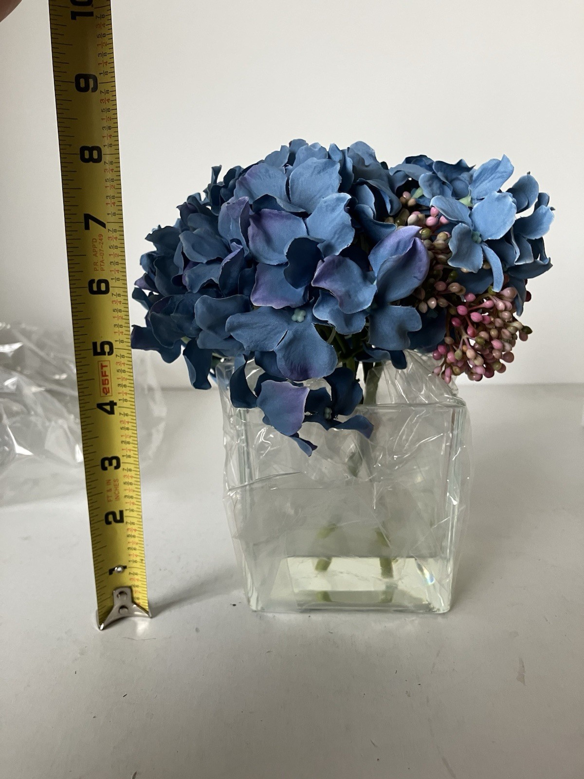 Artificial Silk Hydrangea In Vase With Faux Water In Cube Vase