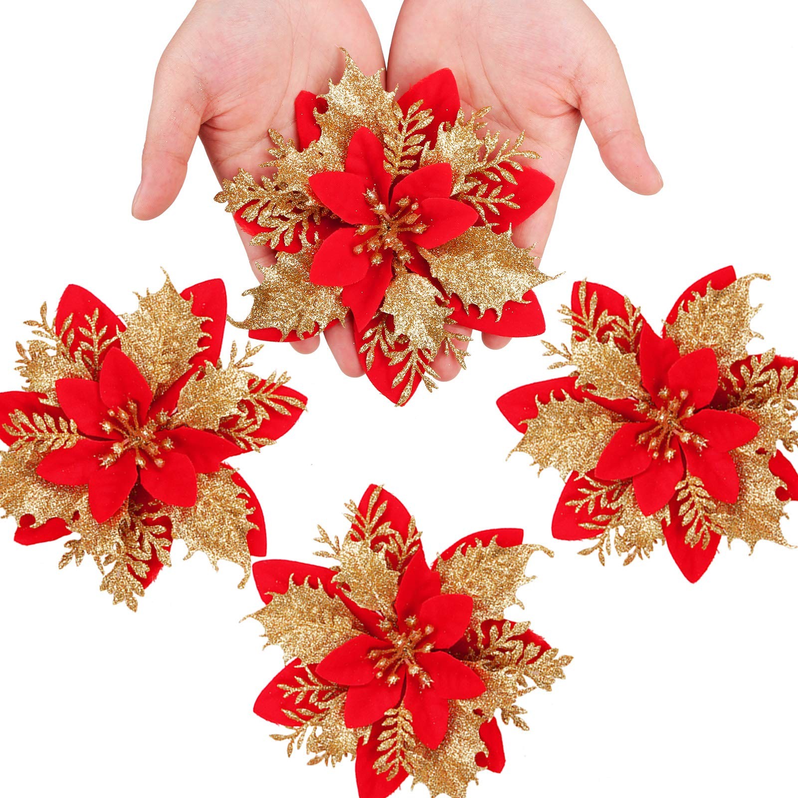 12 Pcs Glitter Poinsettia 5.5″ Artificial Flowers Christmas with Clips Stems …
