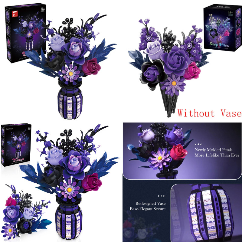1218 PCS Dark Romance Gothic Bouquet Building Blocks Flower With vase Diy Model