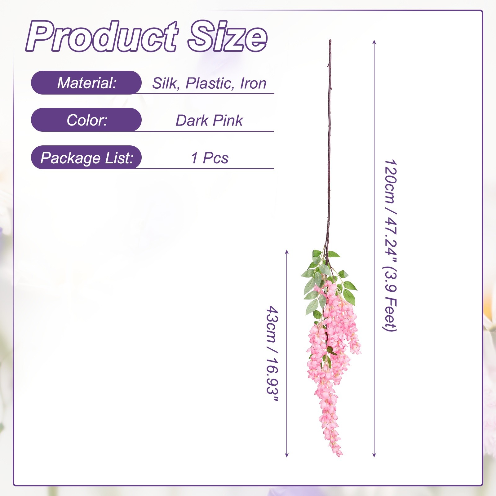 Artificial Wisteria Hanging Flowers 3.9 ft Fake Hanging Floral Dark Pink