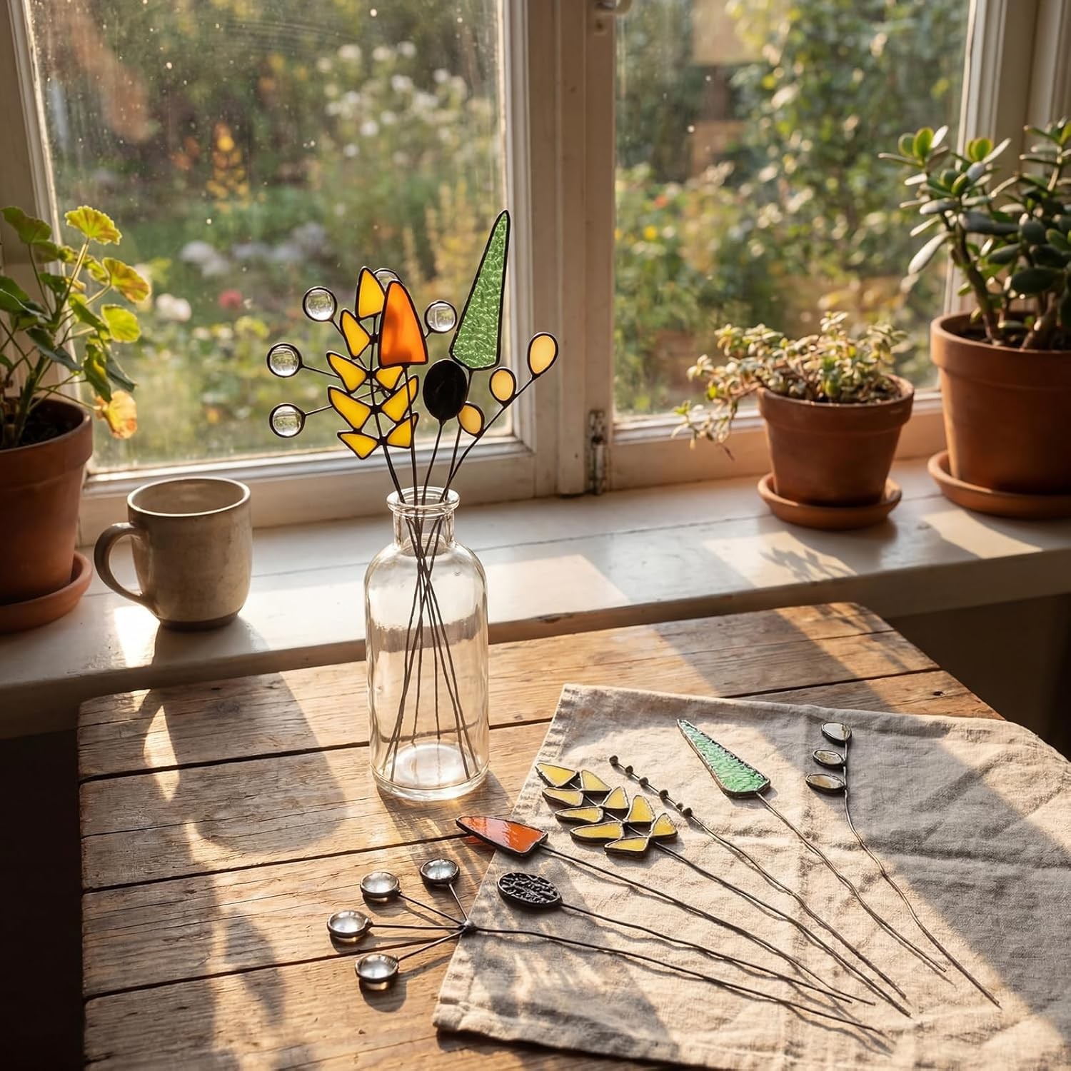 7 Pcs Stained Glass Flowers W/ Stems Handcrafted Artificial Glass Floral Branch