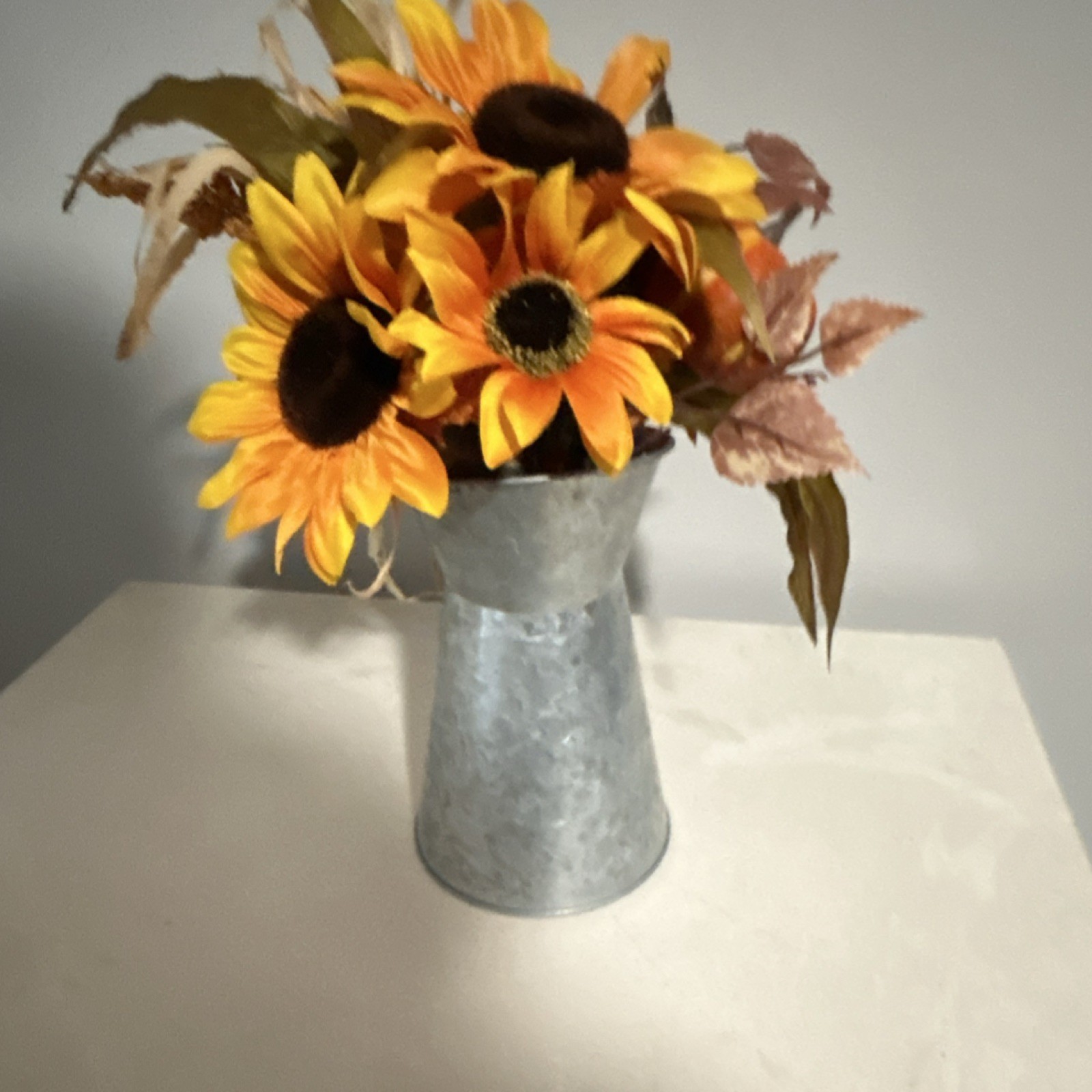 Artificial Sunflower Autumn Arrangement in Metal Vase, Yellow Orange Brown
