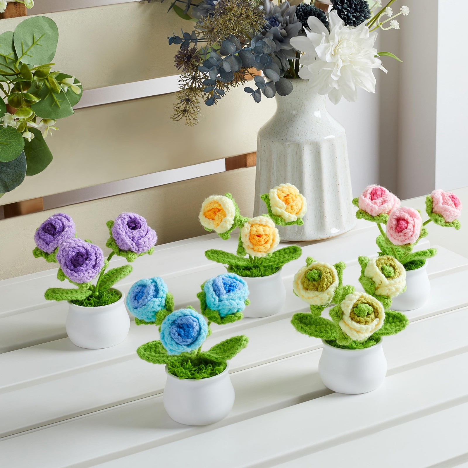 Crochet Flowers Gradient Yellow Roses Mini Potted Plants Eternal Yellow Rose …