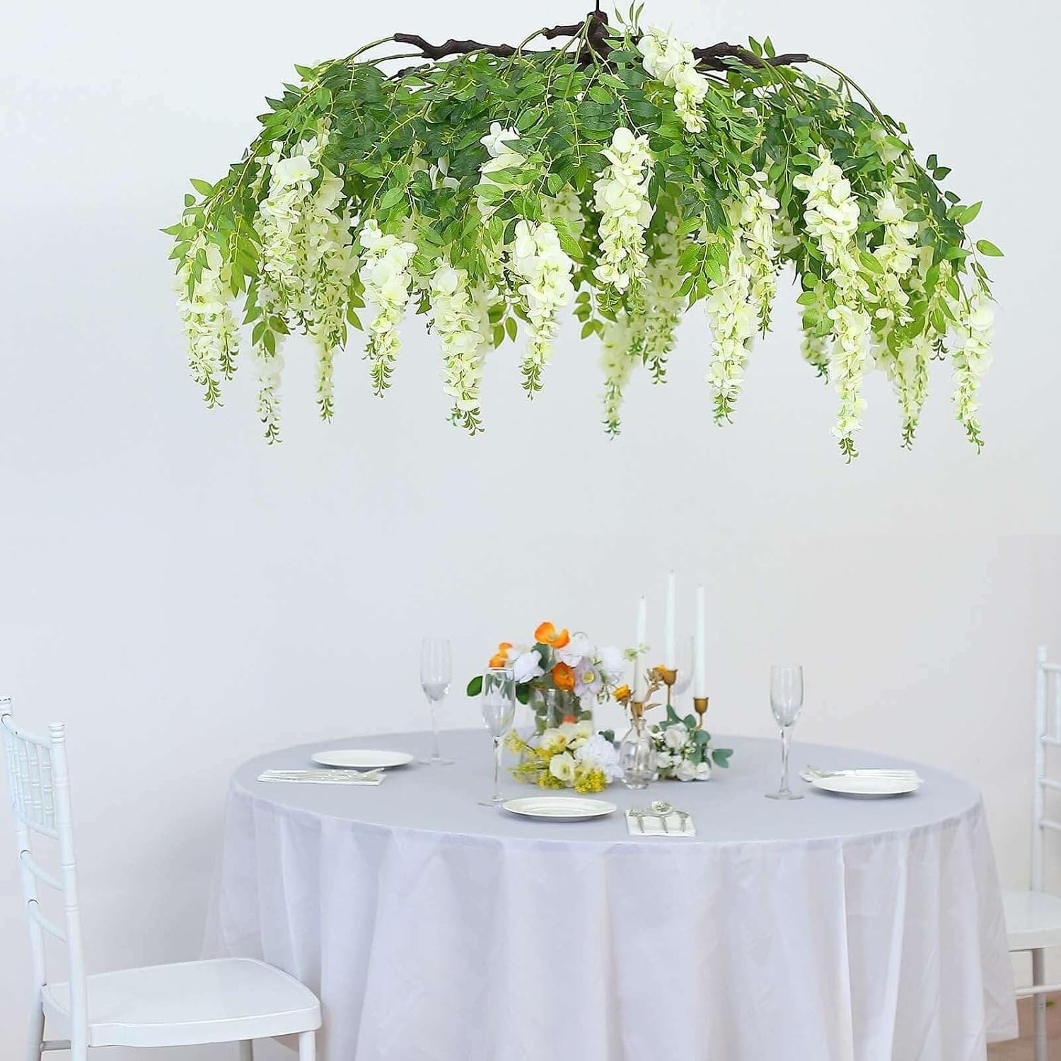 55″ Cream Artificial Silk Wisteria Vine Round Hanging Canopy Draping Garland