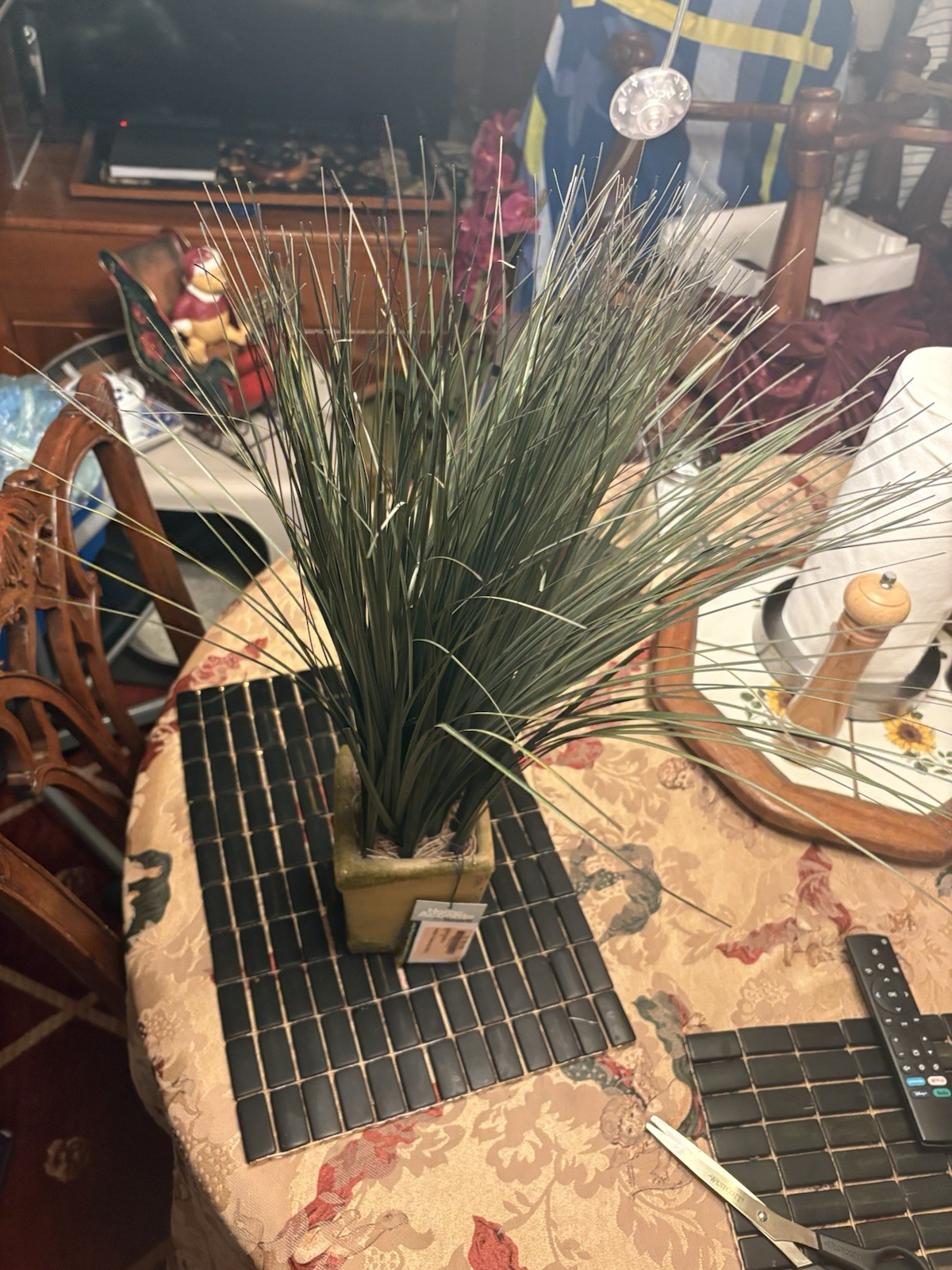 Faux Onion Grass Arrangement in Moss Ceramic Square Pot Rustic Home Decor 24″