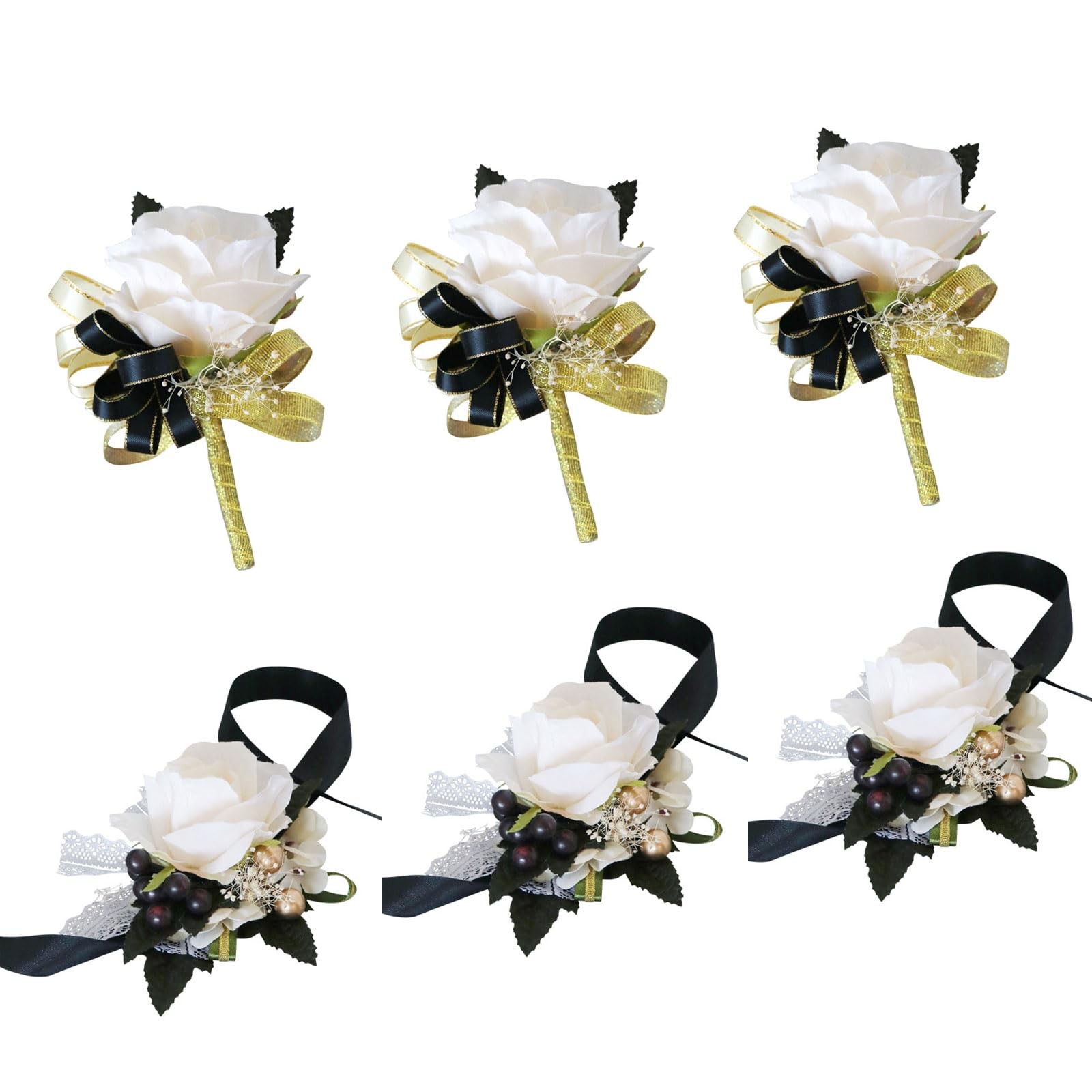 Ivory Rose Black Wrist Corsage And Boutonniere Set Wedding Prom 3 Pairs Decor