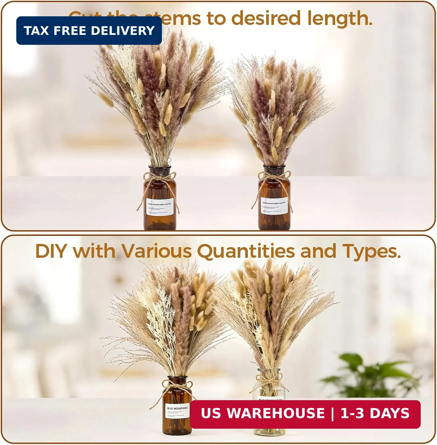 100 Pcs Pampas Grass Boho Decor, 17″ Dried Flowers Bouquet for Vase, Crafts, Boh