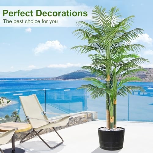 7ft Tall Triple Golden Cane Palm Tree – UV Resistant Fake Plant for Indoor/Outdo