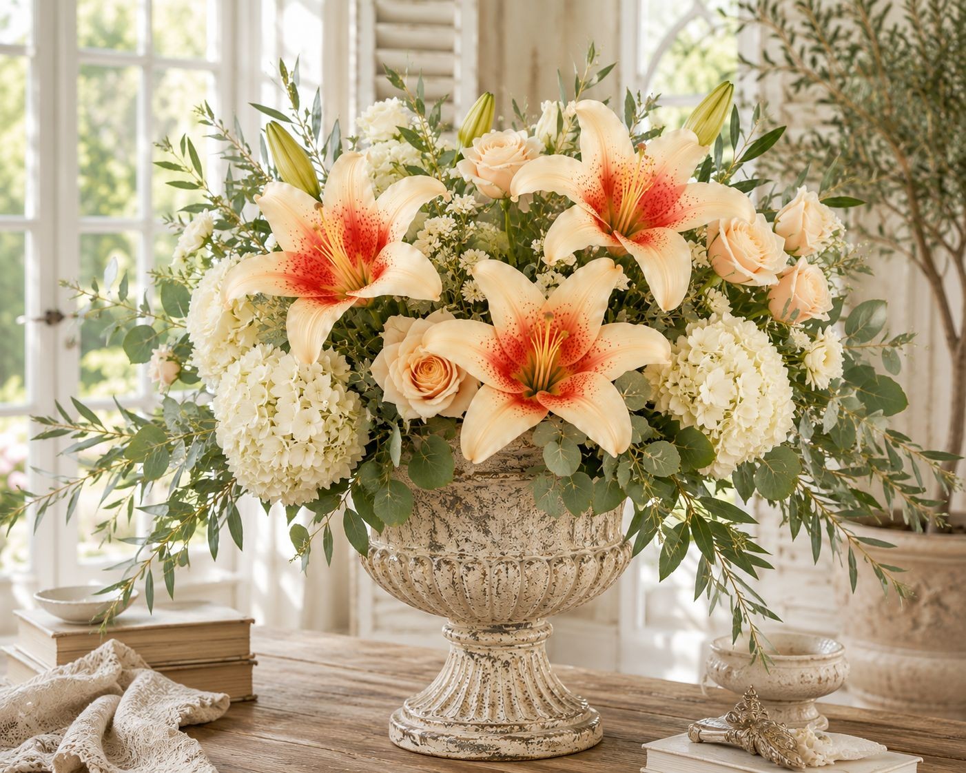 Real Touch Coral Peach Lily Stems Set of 2, Artificial Lily Flowers, Faux Floral