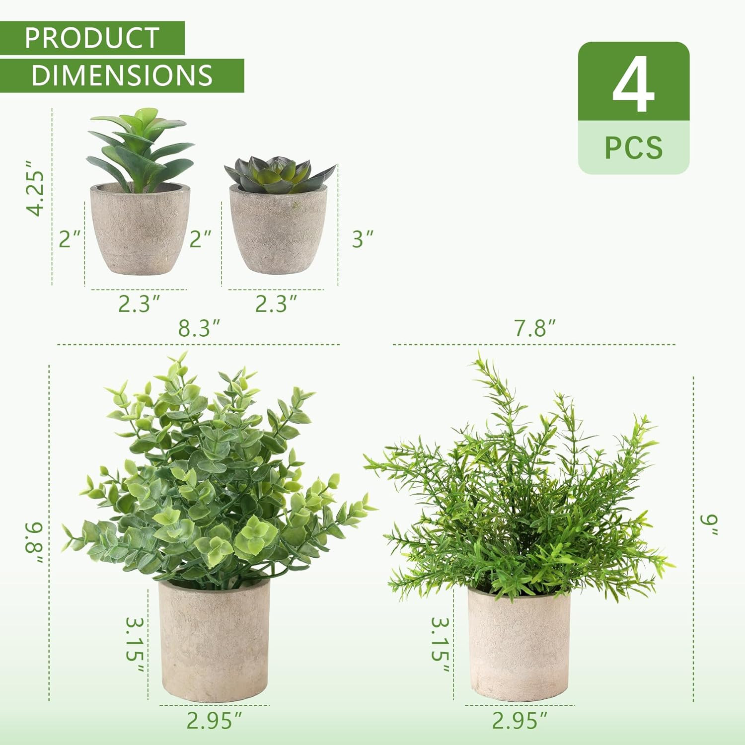 ALAGIRLS 4 Pack Small Fake Plants, 10″ Artificial Plants Indoor Eucalyptus/Rosem