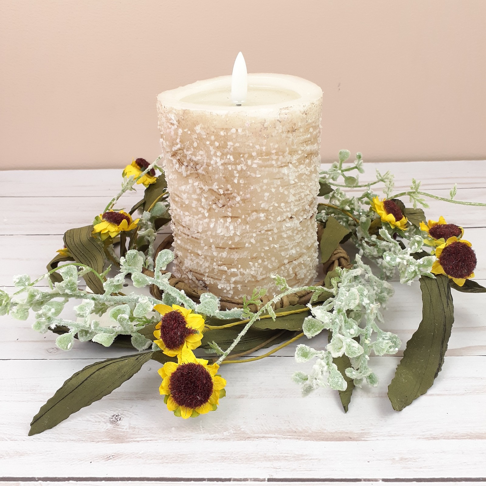 Candle Ring Wreath Birds Eye Daisy Yellow Flowers Floral 4 in Inside