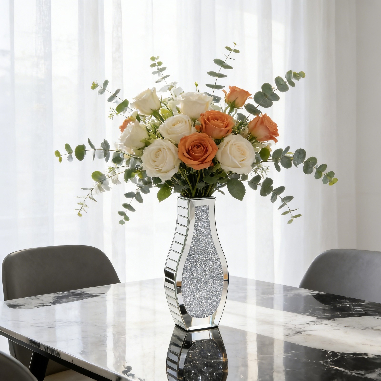 Crushed Diamond Mirrored Flower Vase Decorative Crystal Silver Glass Table Vase
