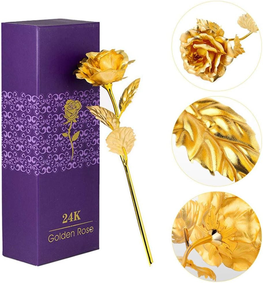 10In 24K Gold Foil Artificial Rose Flower, 24K Golden Rose Birthday Gift with Gi
