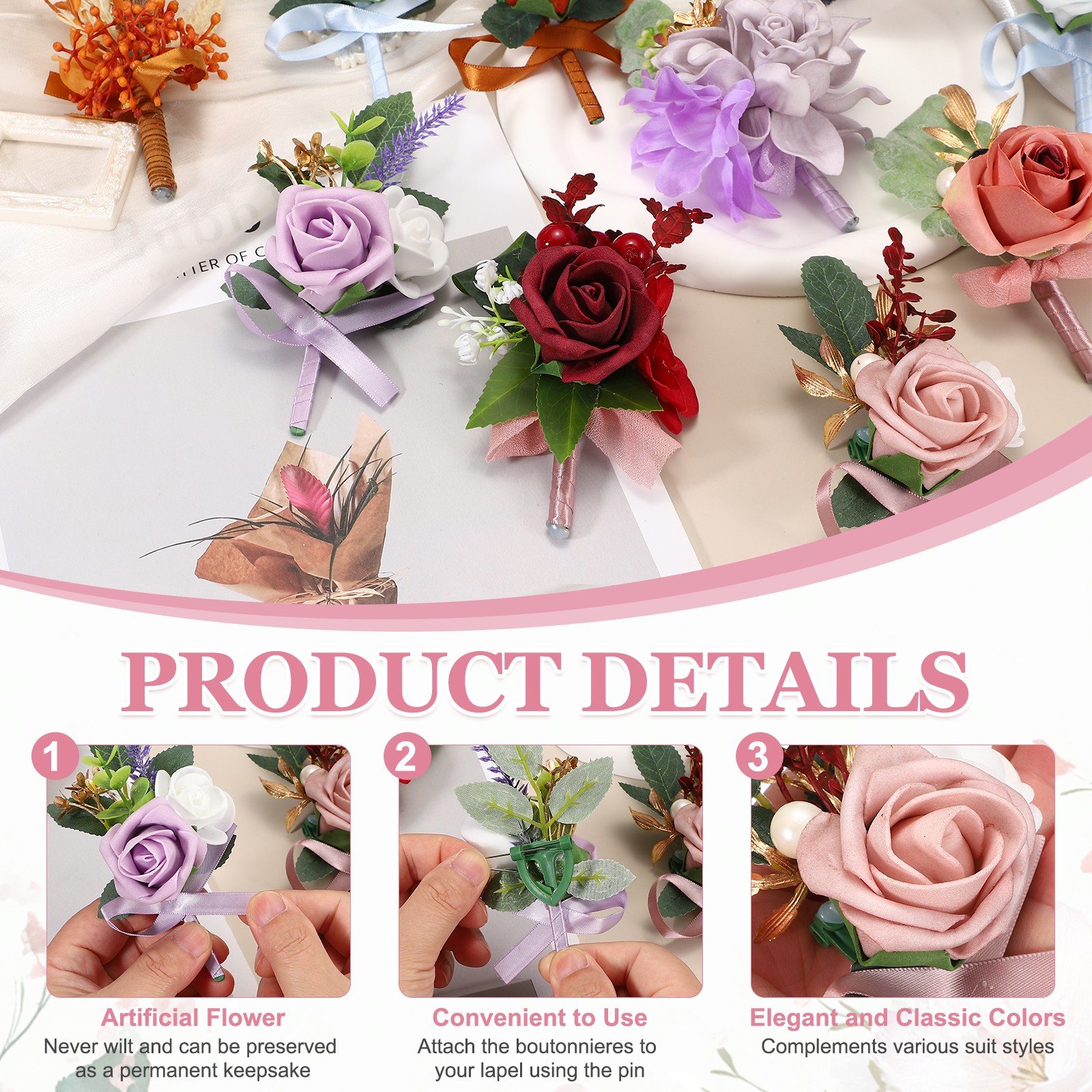 Mens Boutonnieres for Weddings, 6 Pcs Rose Boutonnieres, White/Gray Pink