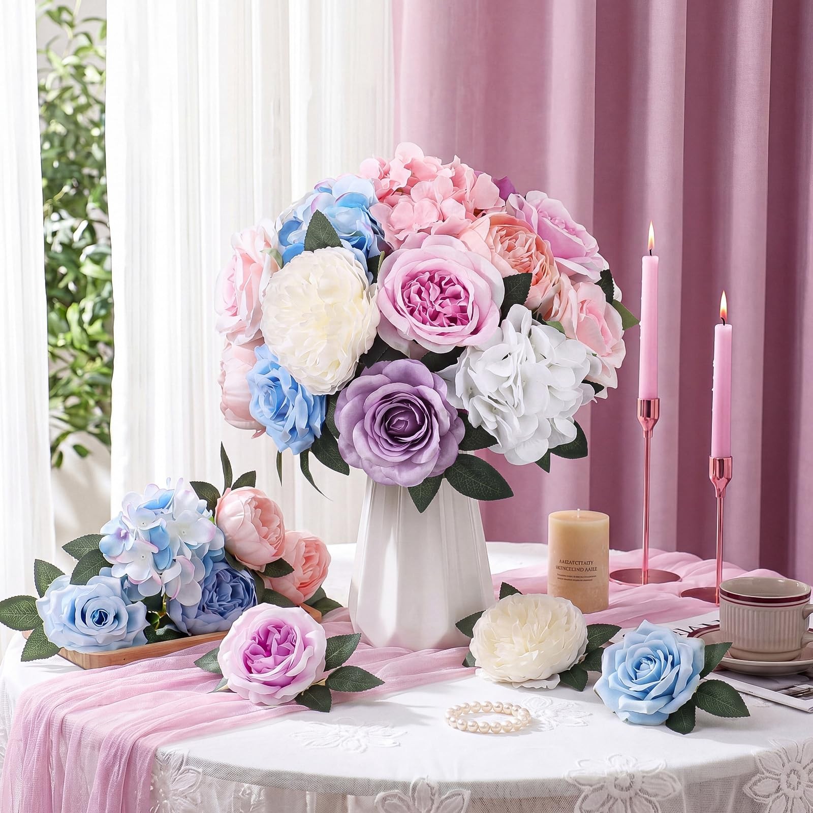60 Pcs Assorted Silk Artificial Flowers, Faux Fake Full Hydrangea Peony Rose …
