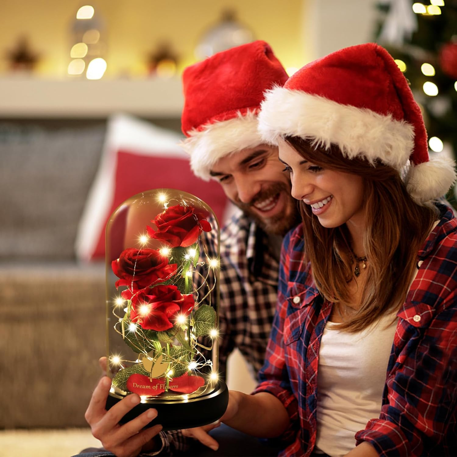 Christmas Flower Gifts for Women,Beauty and the Beast Rose in Glass Dome with 2