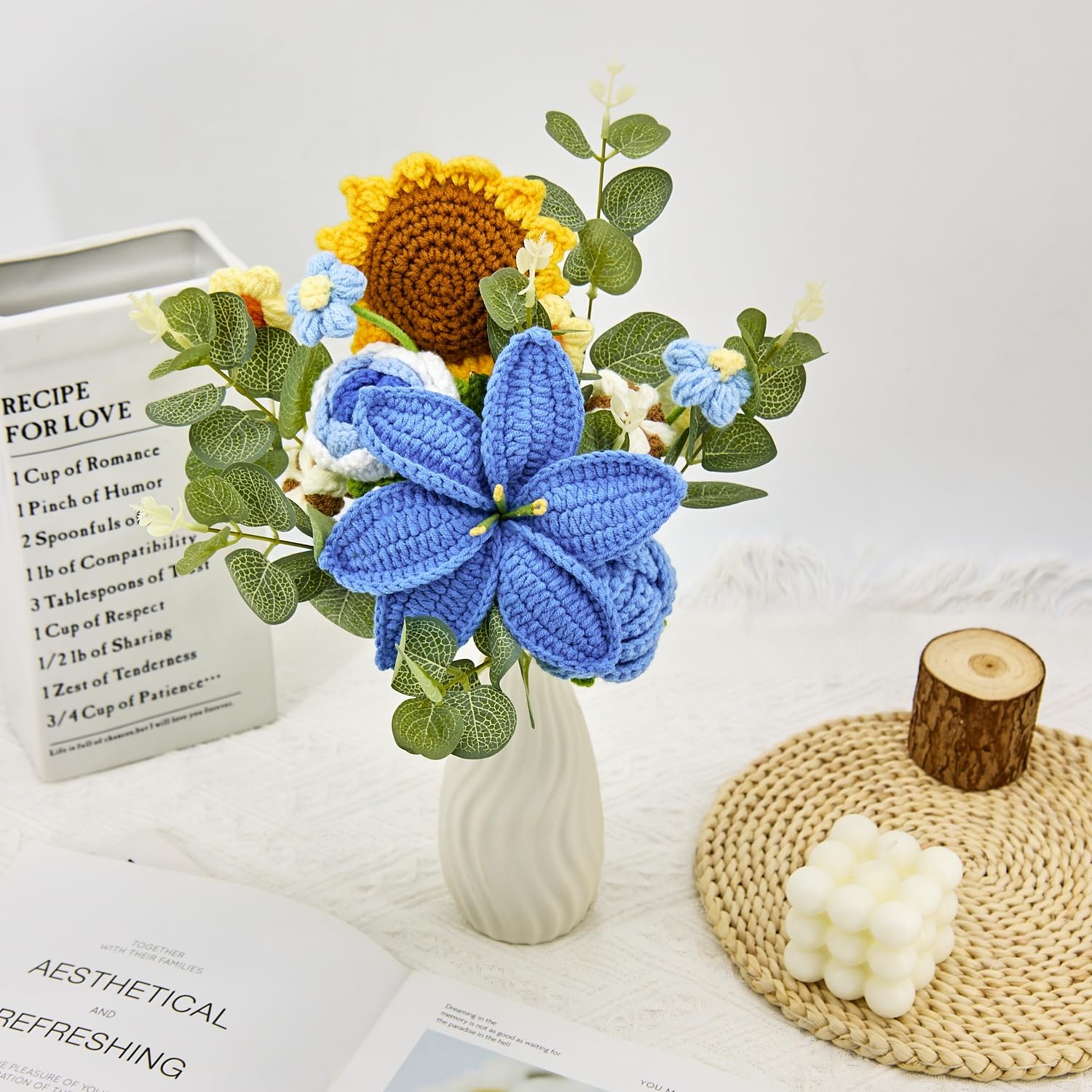 Crochet Flowers, Blue Crochet Flower Bouquet with 14 Knitted Flowers Sunflowe…