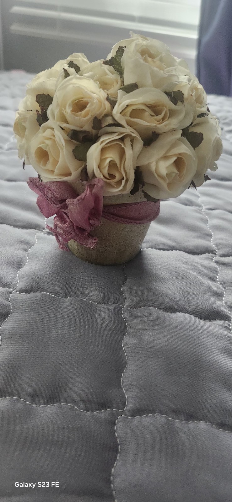 Artificial Cream Rose Arrangement in Pot with Pink Ribbon, Silk Flower Bouquet