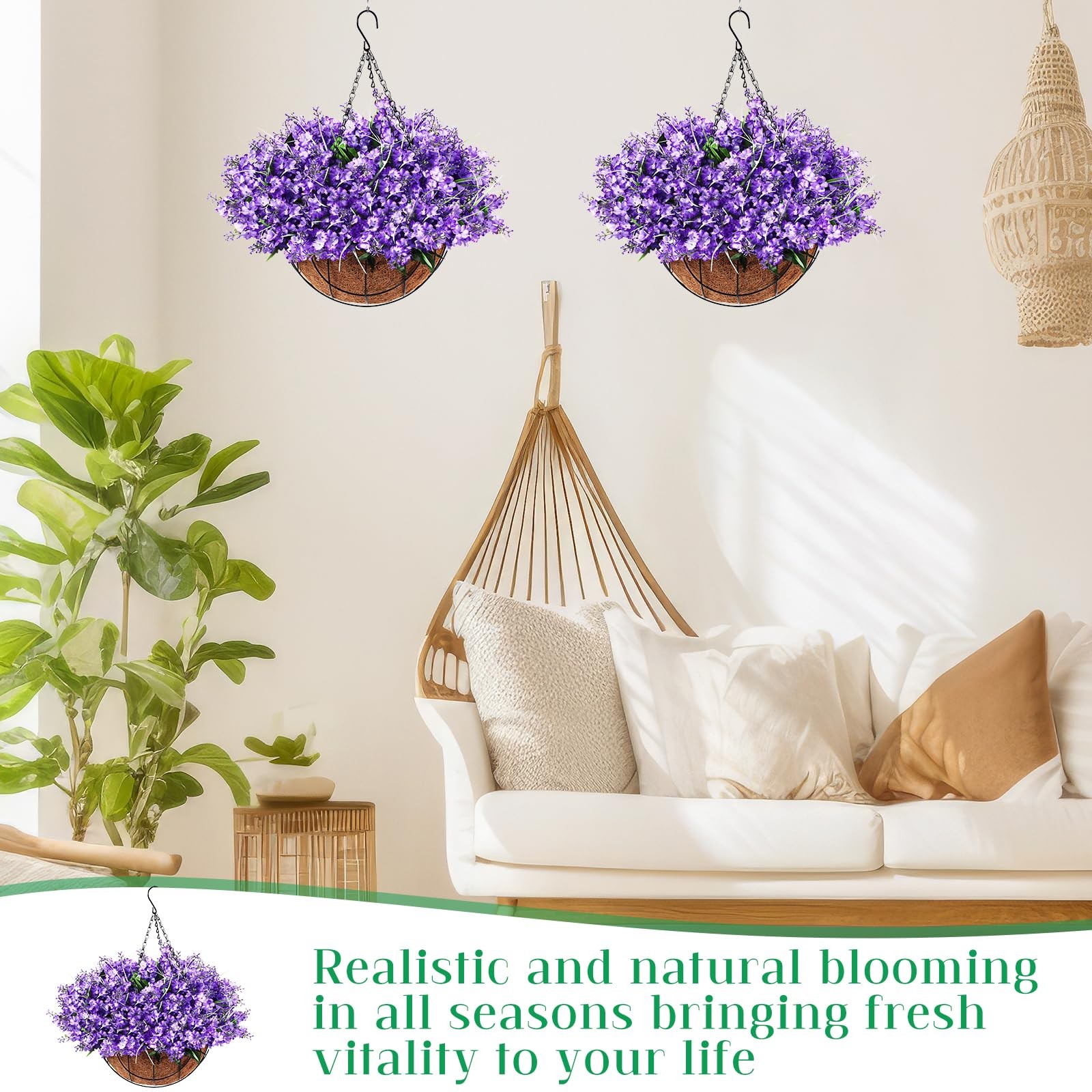2 Pack Artificial Hanging Flowers in Basket for Spring Summer Porch Home Gard…