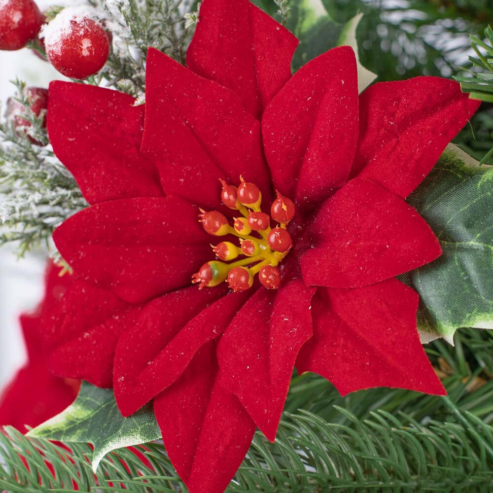 Set of 12 Artificial Snowy Poinsettia and Holly Christmas 10-1/2″ Floral Picks