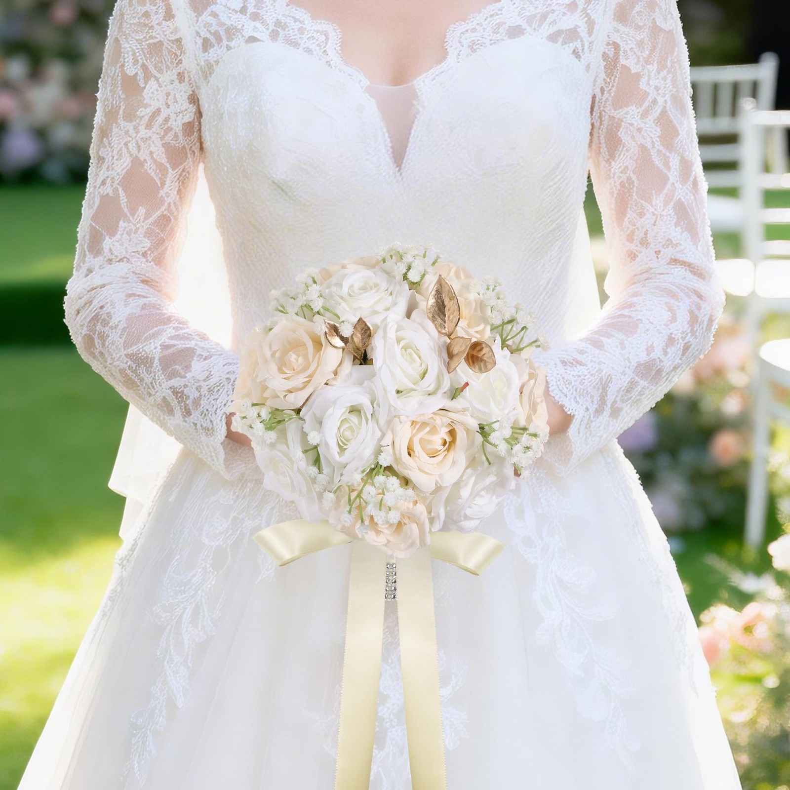 Wedding Bouquets for Bride & Bridesmaid, 9 Inch Artificial Rose Bridal Bouque…