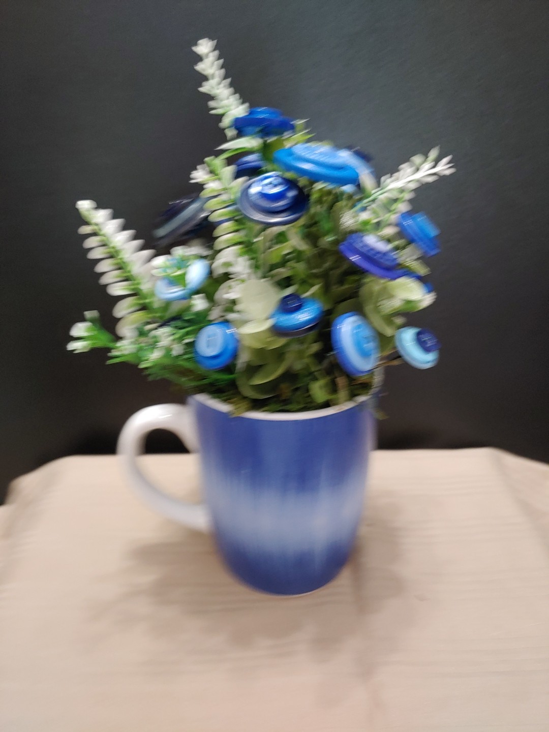 Blue Button Flower Bouquet With Greenery In Blue White Coffee Mug Vintage Button
