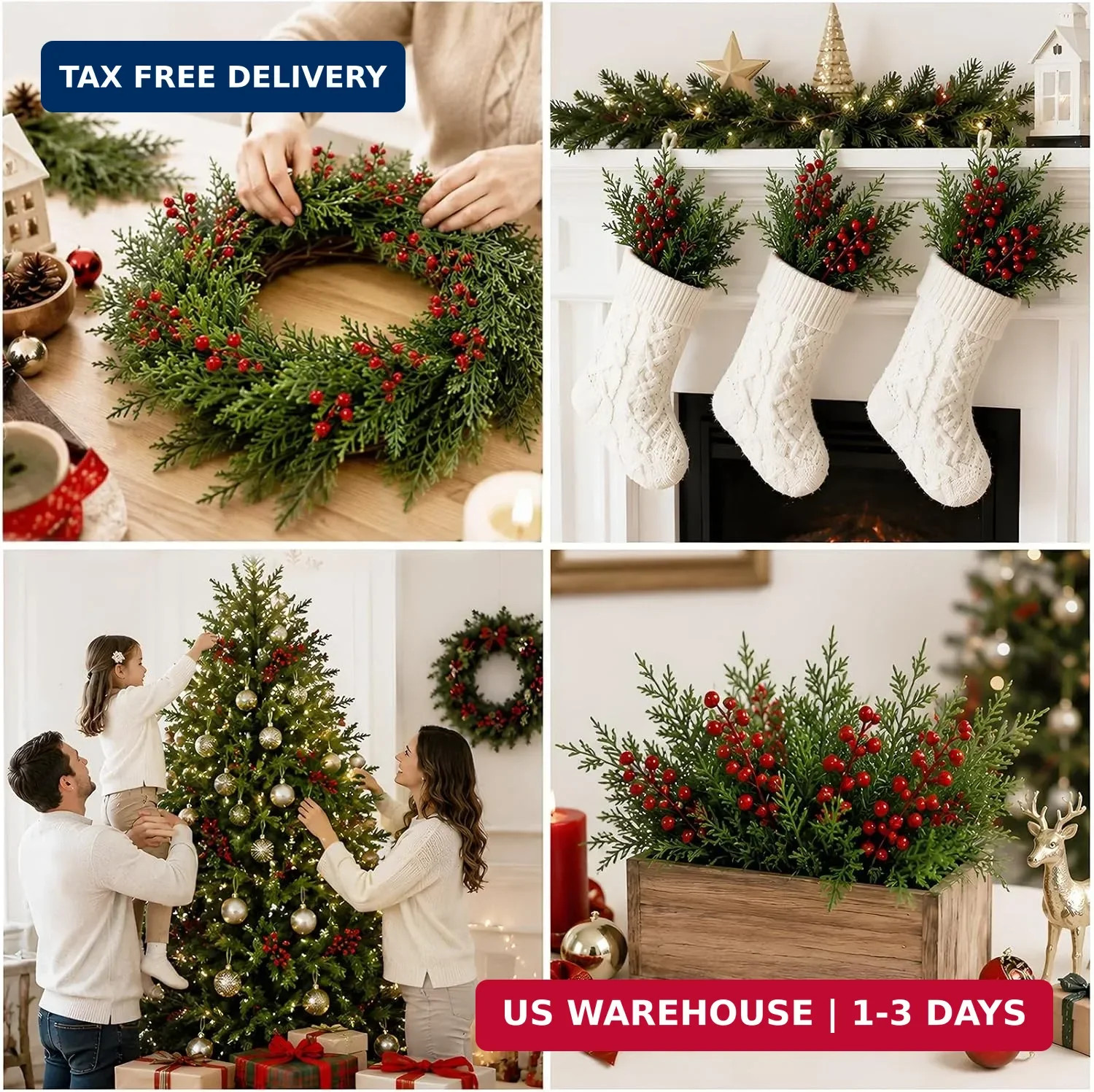 45Pcs Artificial Pine Branches with Red Berry Stems,Christmas Faux Green Cedar S