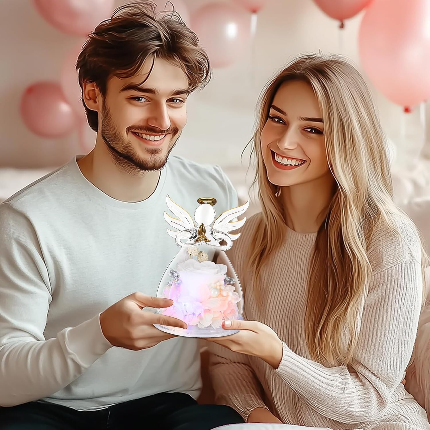 Sentimental Glass Angel Figurine with White Preserved Rose – Gift Box Included