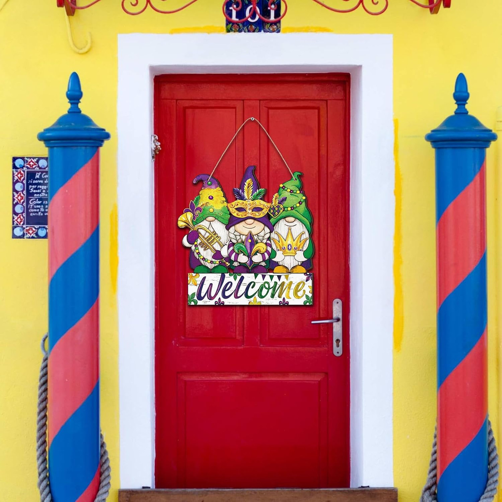Mardi Gras Door Decor Gnome Wreath Wooden Welcome Sign Farmhouse Porch Wall