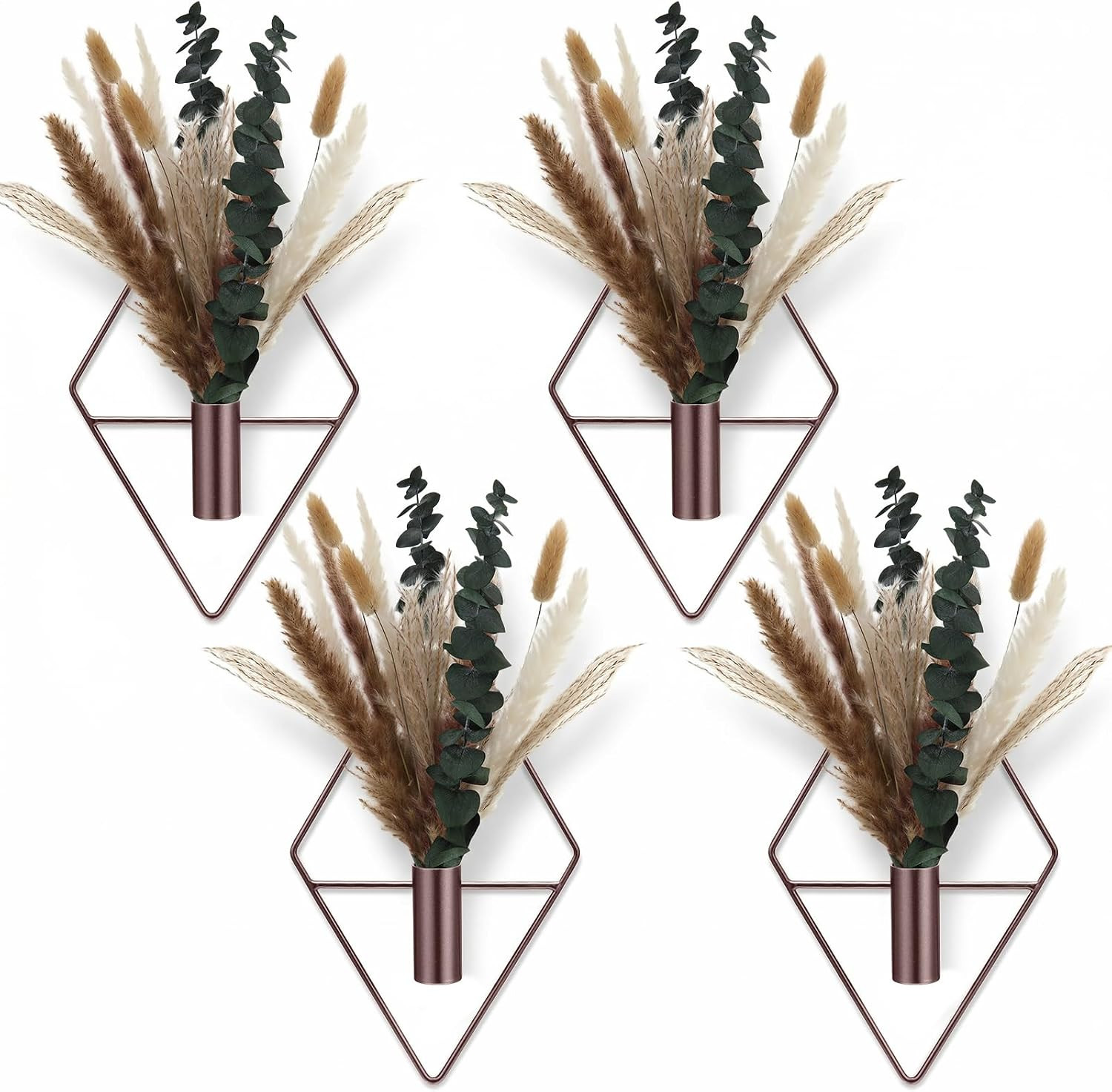 4 Pcs Hanging Planters with Artificial Pampas Metal Hanging Vase Indoor Plants H