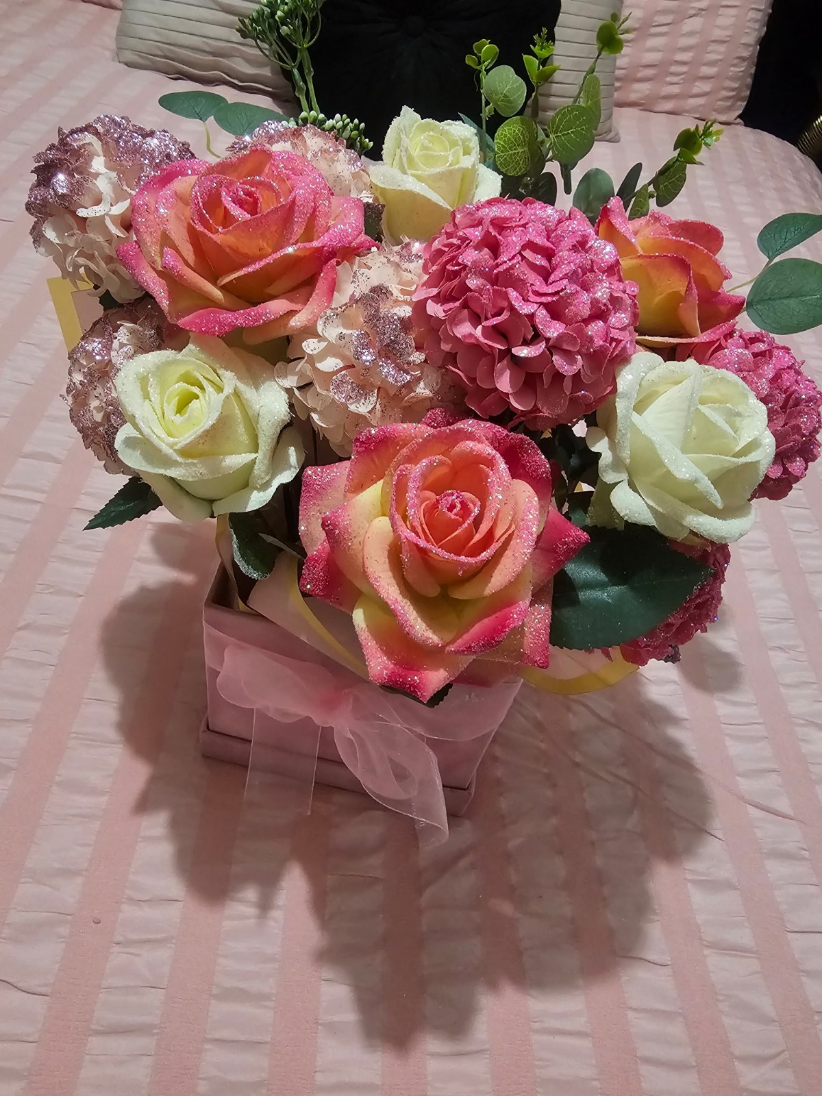 Glitterblooms Medium Glittered Rose Pink Velvet Box Bouquet