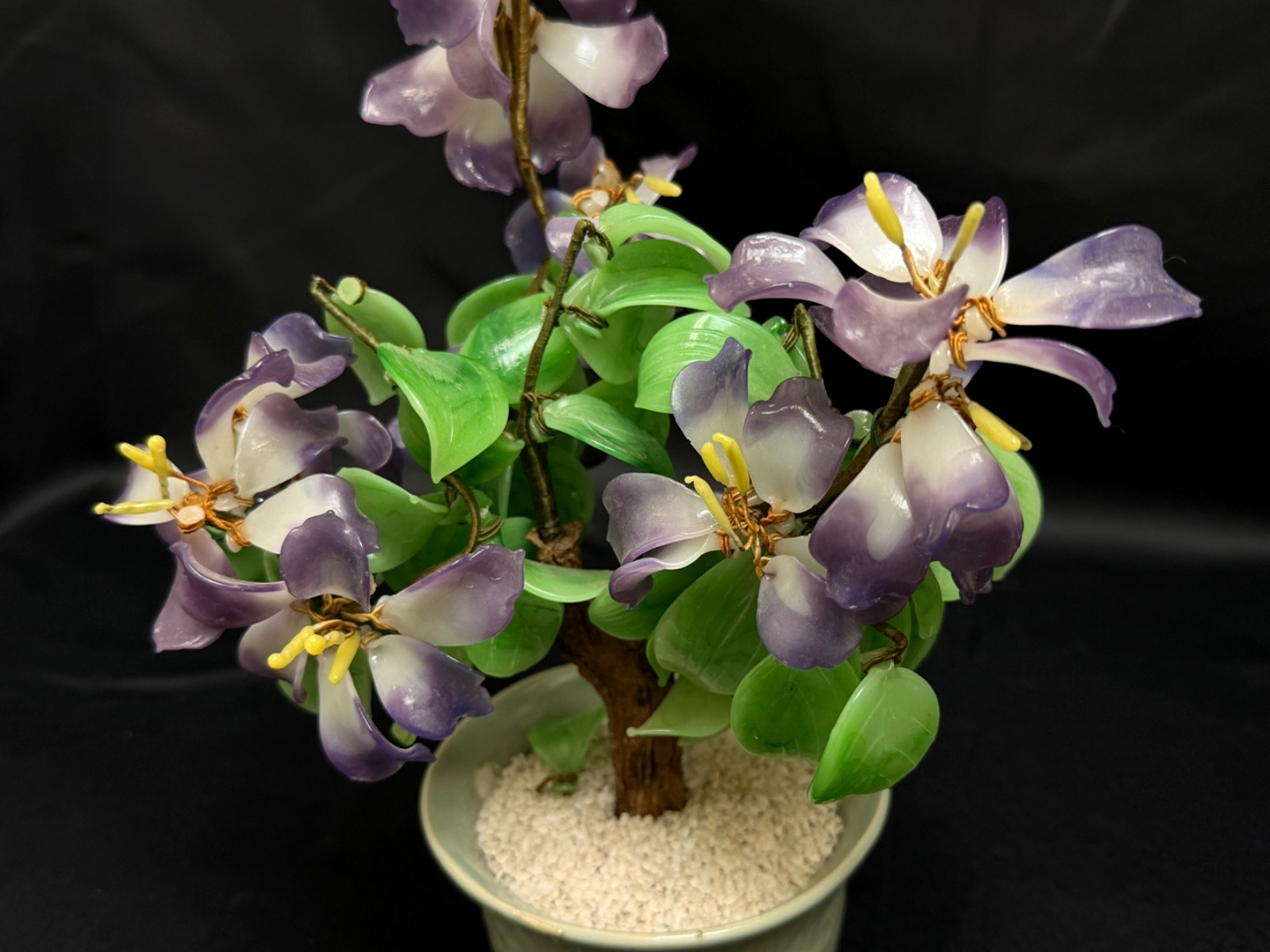 Vintage Jade & Glass Handmade Bonsai Tree Purple & White Flowers 11”