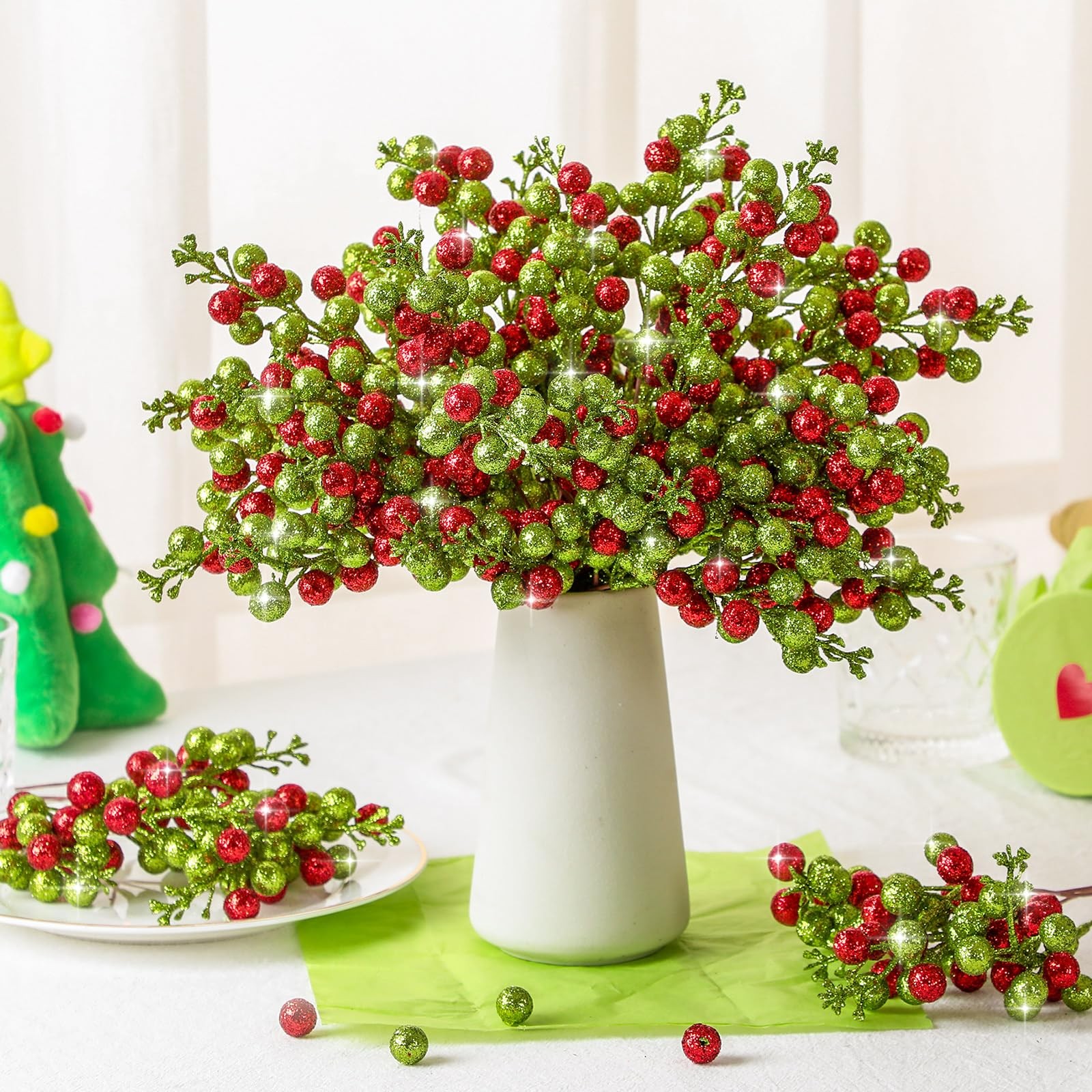 48 Pcs Christmas Glitter Berry Stem 8 Inch Red Green Artificial Holly Berry P…