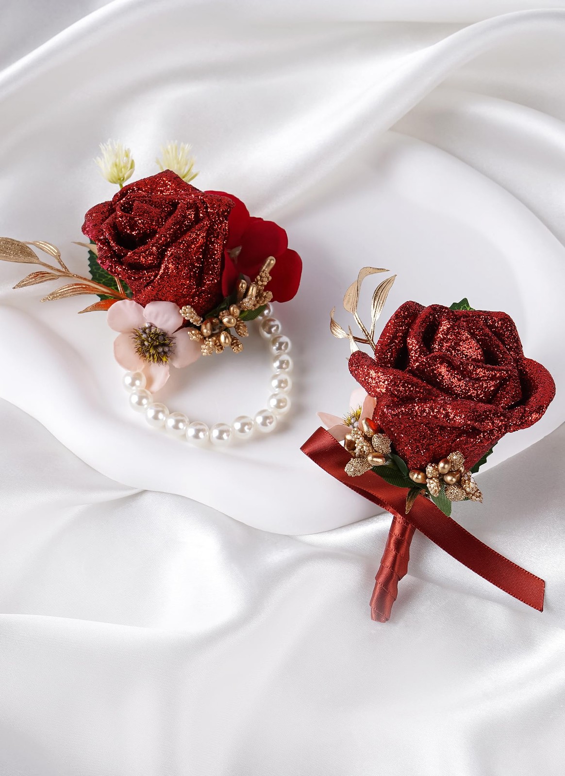 2 PCS Red Rose Boutonniere Corsage Set Artificial Flower Wristlet Wedding