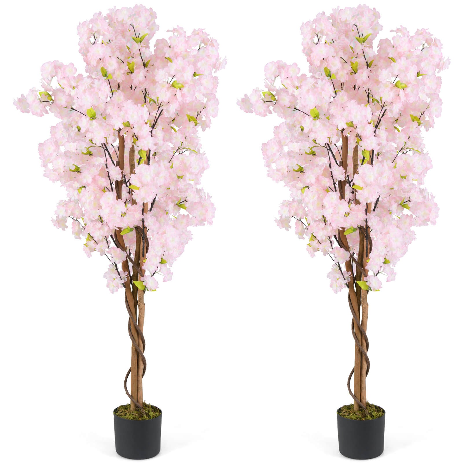 2PCS 5 FT Tall Artificial Cherry Blossom Tree Faux Flower Plant in Nursery Pot