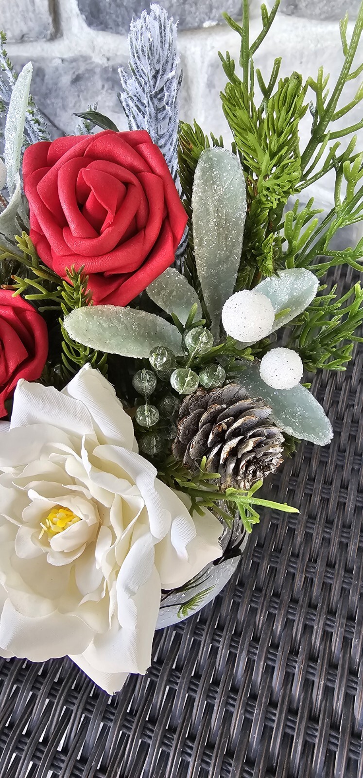 Faux Floral Arrangement Centerpiece In Cracked Glass Vase With Painted Cardinal