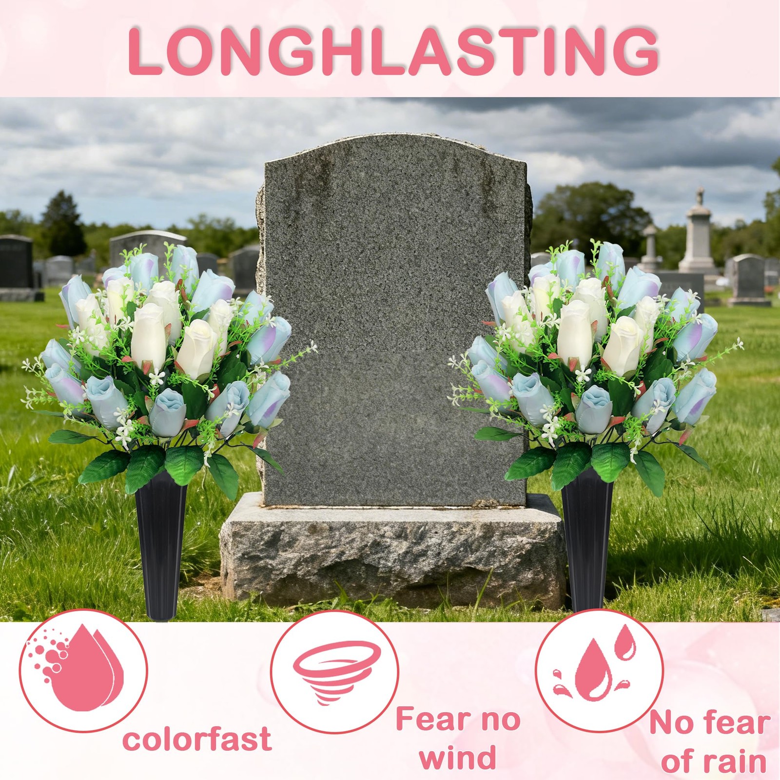 2 PCS Artificial Cemetery Flowers Blue White Memorial Bouquet Heavy Vases