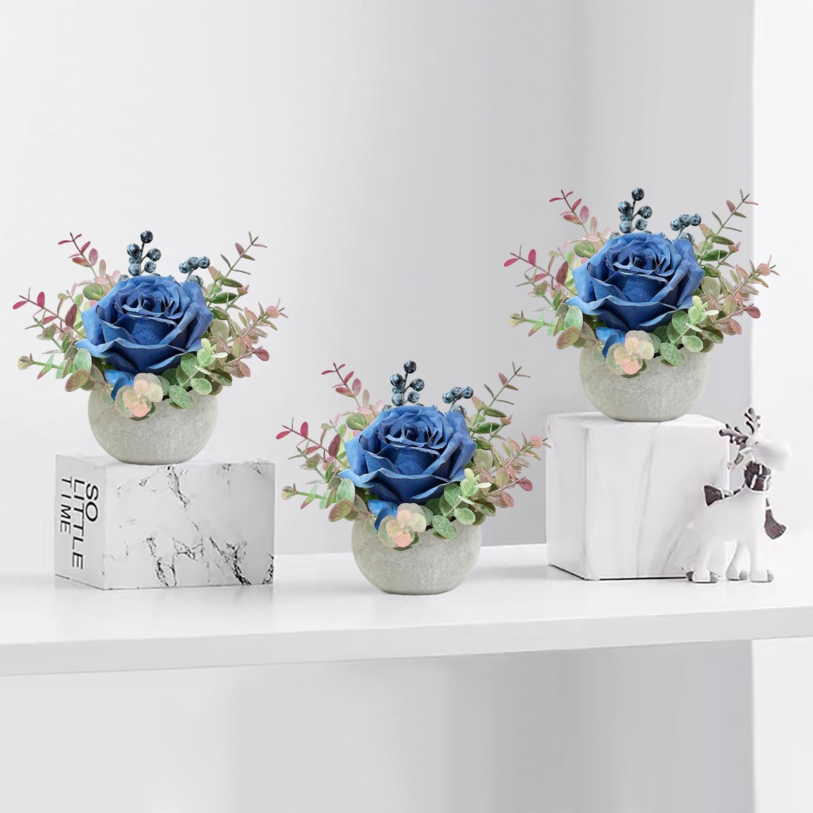 2 Pack Artificial Flowers With Pot Blue Rose Eucalyptus Fake Potted House Plants