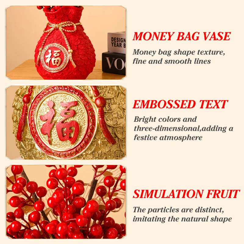 Chinese Spring Festival Decorations Vase Artificial Red Berries Plant Vase with