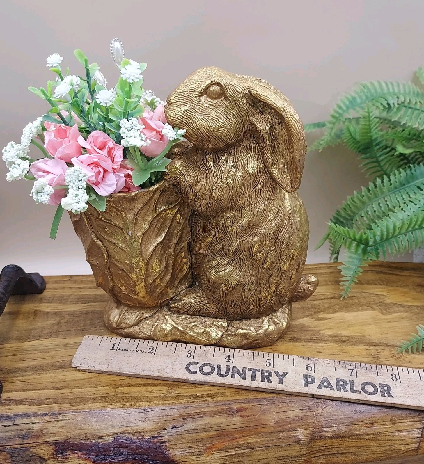 BUNNY & CABBAGE PLANTER Table Decor Gold Rabbit w Pink Mini Roses / Flowers
