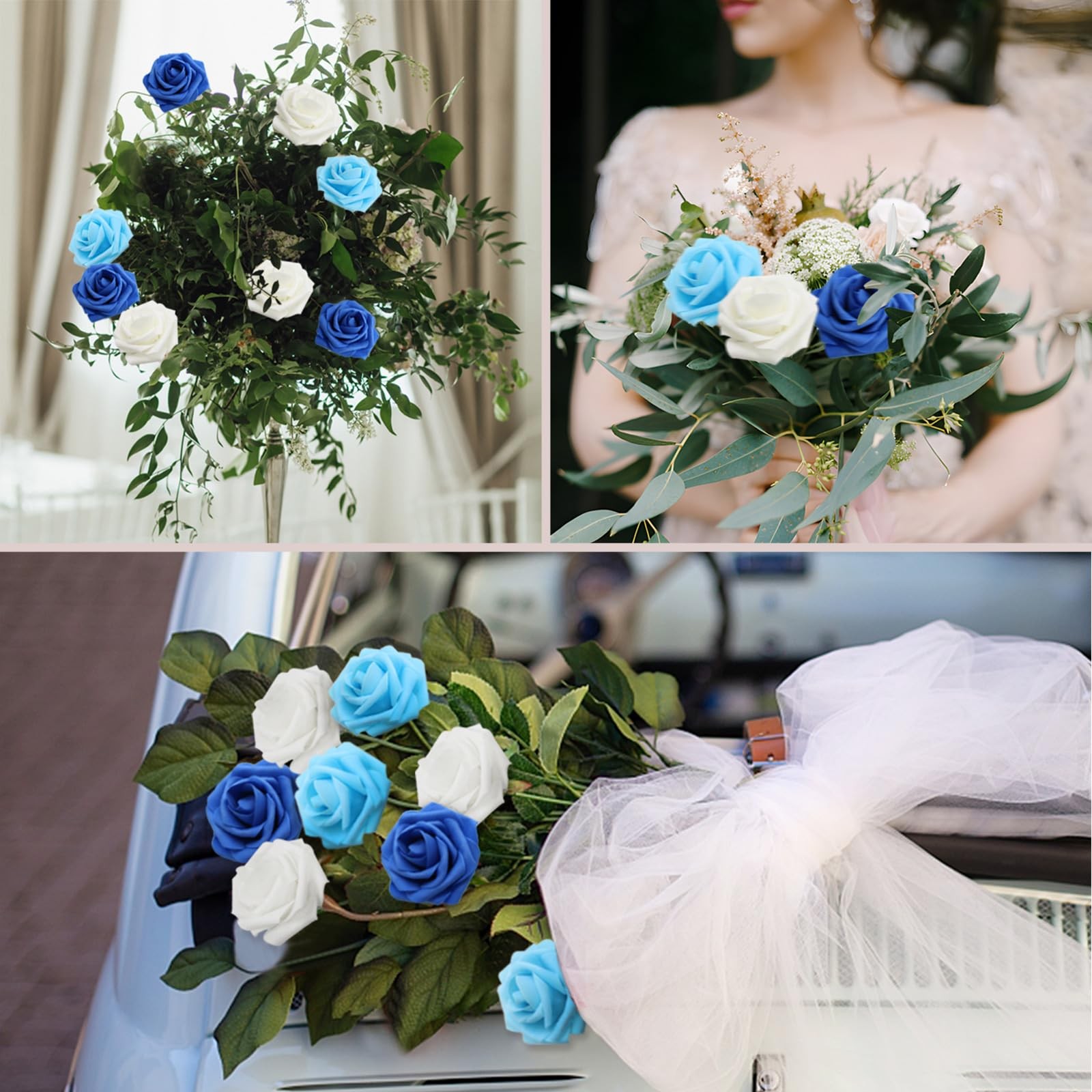 100 PCS Blue Series Artificial Roses Real Looking Foam Flowers DIY Bouquets