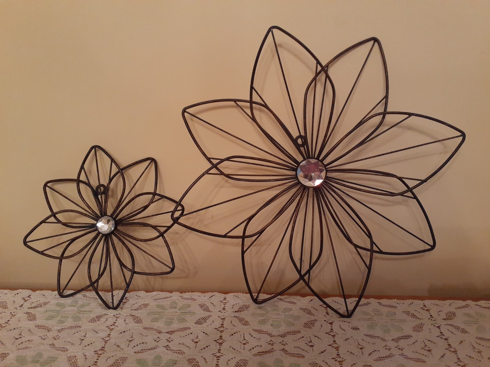 Indoor Outdoor Metal Flowers Set of 2 Black Home Porch Patio Wall Decor W/Bling