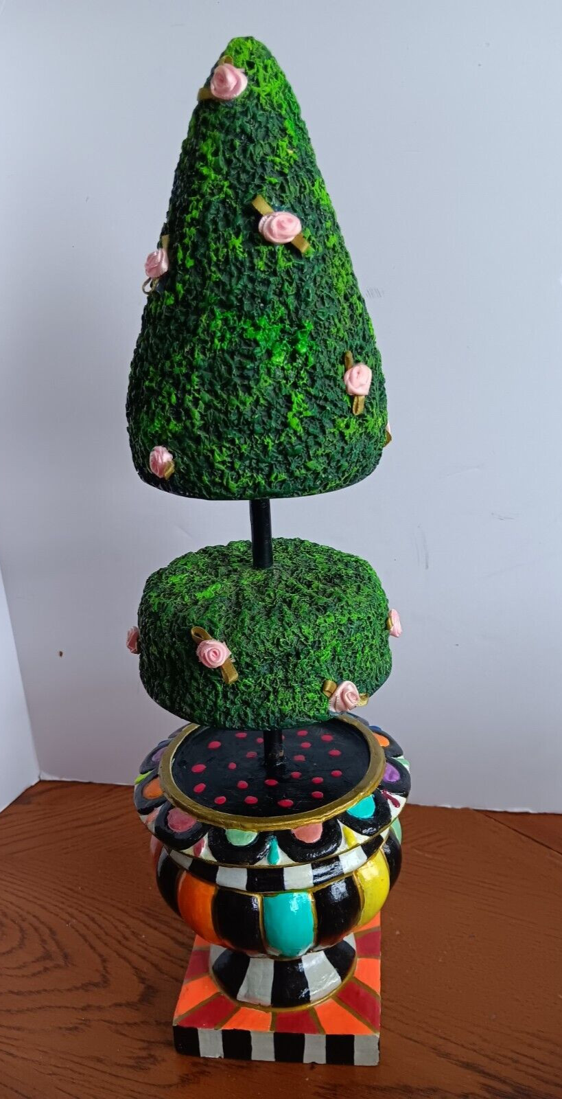 Whimsical Hand Painted Topiary w/ silk roses in Colorful Urn