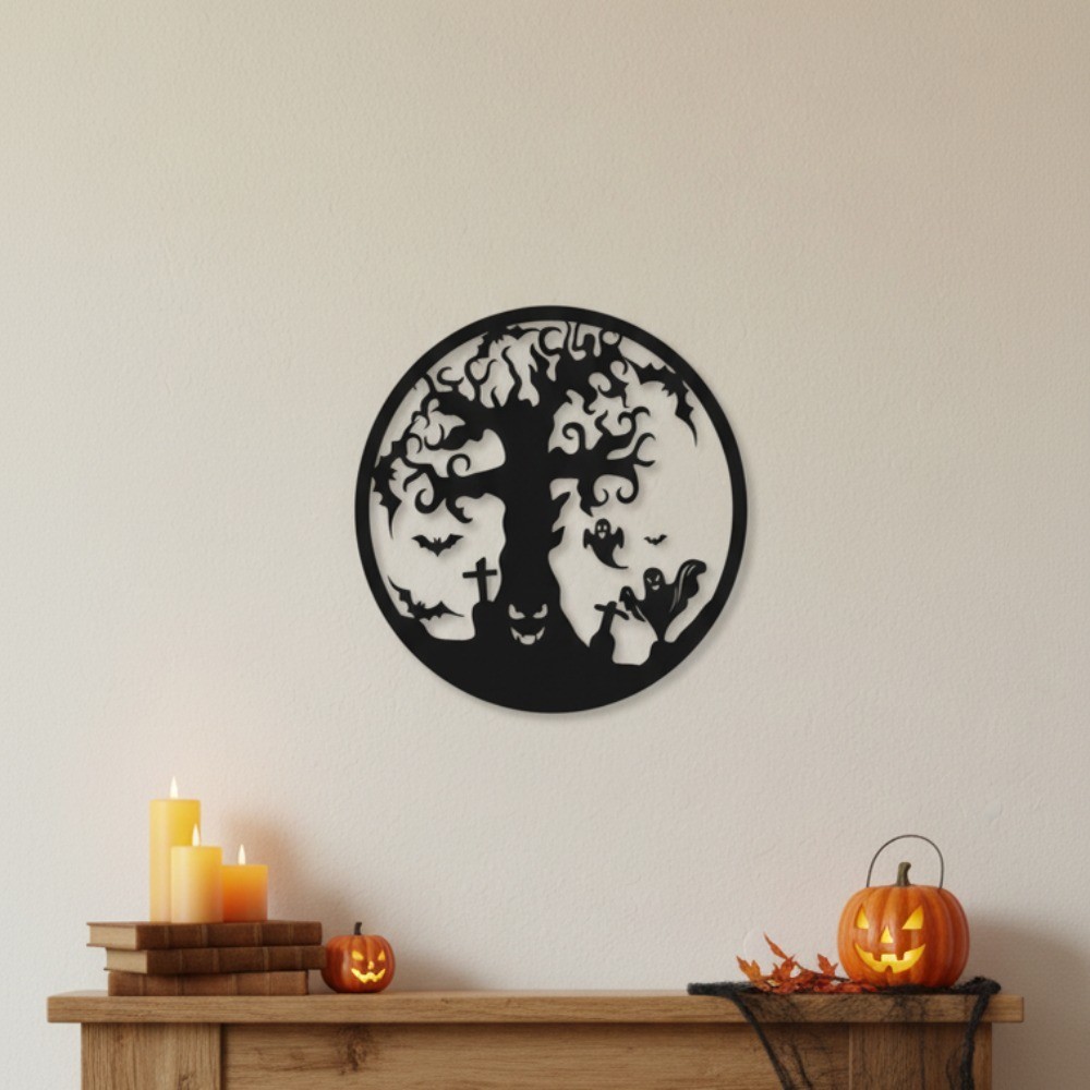 Gothic Halloween Black Iron Tree Wall Art – Spooky Living Room Outdoor Decor
