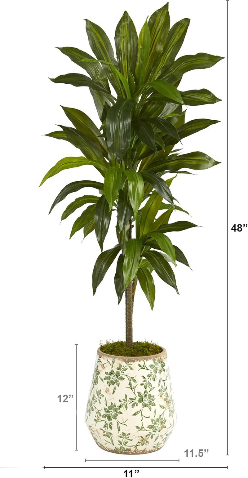 Real Touch 4Ft Dracaena Plant in Stylish Flower Print Planter
