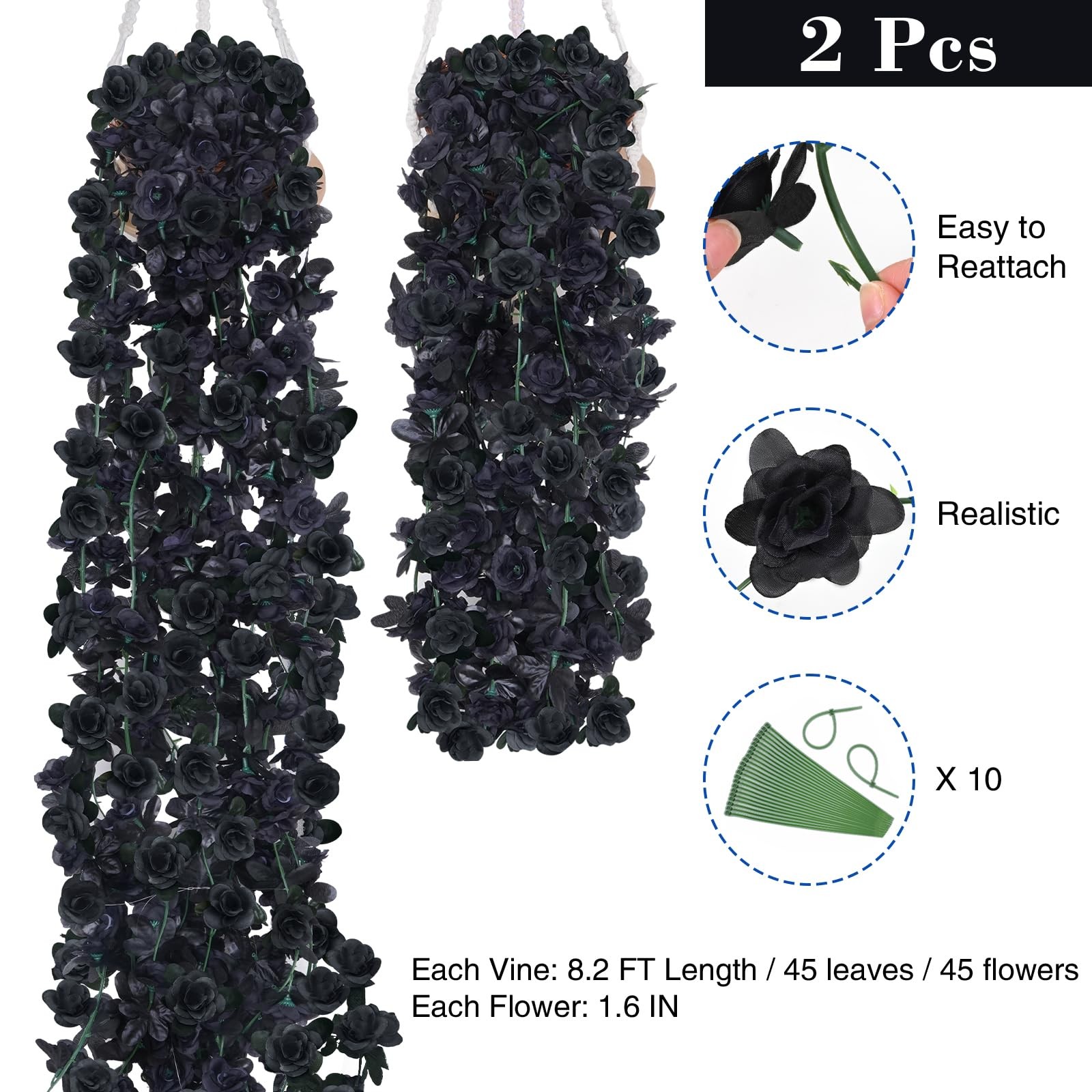BLEUM CADE 2Pcs 16.4Ft Flower Garland Artificial Rose Vines for 2 Pcs, Black