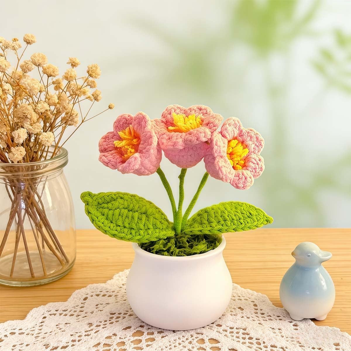 Hand-Crocheted Lily of The Valley Potted Plant, Red Pink Purple Blue Artificial